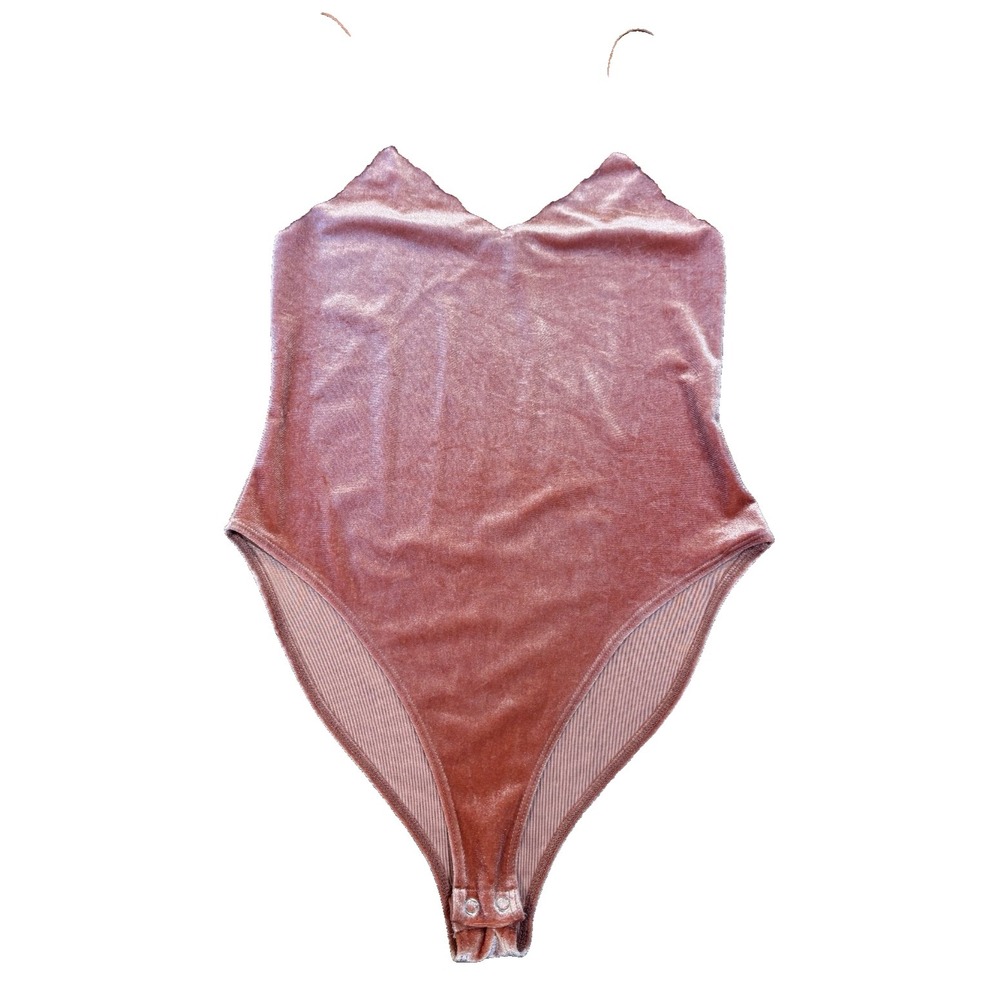 Forever 21 Lace Trim Vneck Velvet Velour Bodysuit Sz S pink‎ Spaghetti Strap Y2K